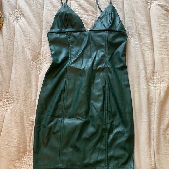 Forest green form fitting faux leather mini dress - Picture 1 of 6